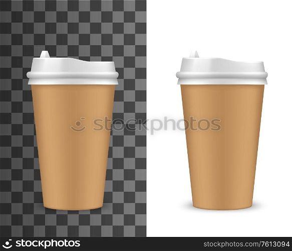 Carton coffee cup, disposable paper container with plastic lid, isolated 3d vector mockup. Blank brown carton takeaway drink container for cold or hot beverage, coffee or tea. Fast food mug or cup. Realistic coffee cup, container with lid