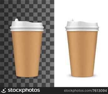 Carton coffee cup, disposable paper container with plastic lid, isolated 3d vector mockup. Blank brown carton takeaway drink container for cold or hot beverage, coffee or tea. Fast food mug or cup. Realistic coffee cup, container with lid