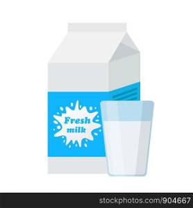 Carton pack and glass of fresh milk in flat cartoon style, stock vector illustration