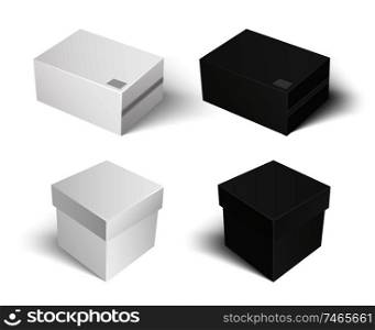 Carton package of square shape, boxes isolated icons set vector. Containers made of cardboard sealed with help of adhesive tape. Packaging and keeping. Carton Package Square Boxes Isolated Set Vector