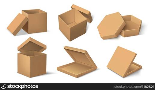 Carton package. Realistic cardboard product package mockup for food and delivery, cube and round brown pack template. Vector set paper mock up isolated container for packages cosmetics. Carton package. Realistic cardboard product package mockup for food and delivery, cube and round brown pack template. Vector set