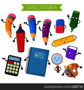 Cartoon 3d vector characters of school writing stationery. Calculator and notebook, marker cartoon character with face illustration. Cartoon 3d vector characters of school writing stationery