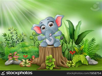 Cartoon a baby elephant sitting on tree stump with green plants