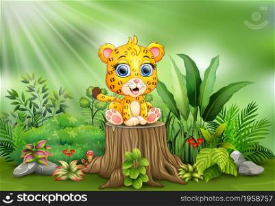 Cartoon a baby leopard sitting on tree stump with green plants