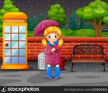 Cartoon a girl carrying umbrella under the rain in the city park