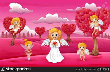 Cartoon a group of cupid on the field pink