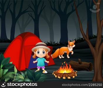 Cartoon a little girl and a fox at a c&site 
