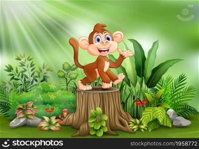 Cartoon a monkey on tree stump with green plants