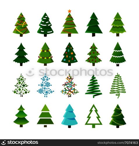 Cartoon abstract christmas trees with gifts and balls vector set. Green christmas tree collection, cartoon holiday tree for celebration xmas and new year illustration. Cartoon abstract christmas trees with gifts and balls vector set
