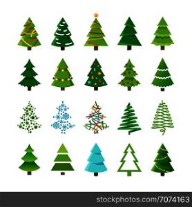 Cartoon abstract christmas trees with gifts and balls vector set. Green christmas tree collection, cartoon holiday tree for celebration xmas and new year illustration. Cartoon abstract christmas trees with gifts and balls vector set