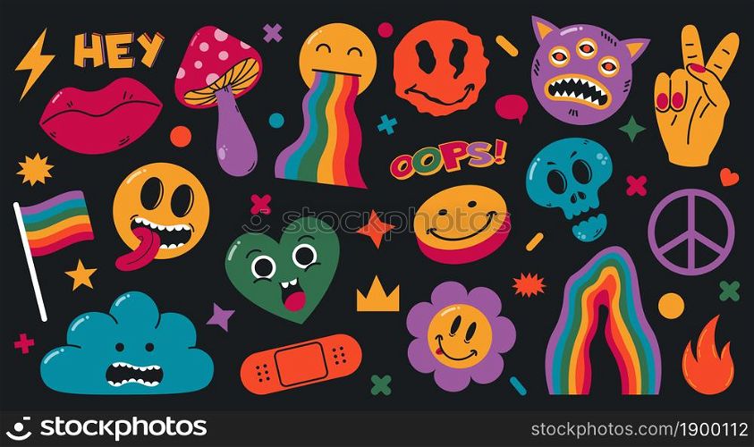 Cartoon abstract groovy comic funny emoji characters. Cute comic doodle stickers, trendy retro elements vector illustration set. Hallucination weird shapes. Psychedelic sticker, surreal cartoon. Cartoon abstract groovy comic funny emoji characters. Cute comic doodle stickers, trendy retro elements vector illustration set. Hallucination weird shapes