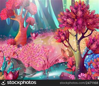 Cartoon abstract wood Game composition in pink colors with trees and rivers vector illustration. Cartoon Wood Game Composition