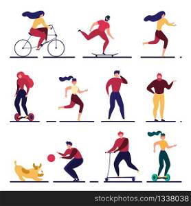 Cartoon Active People Flat Outdoors Illustration. Vector Women Cycling, Jogging, Riding Gyroscooter and Men Going Skateboard or Scooter, Chatting Phone, Playing with Dog. Summer Recreation. Cartoon Active People Set Outdoors Illustration