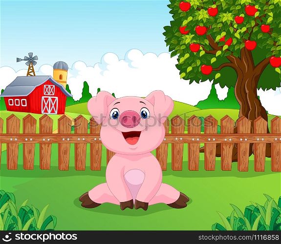 Cartoon adorable baby pig on the farm