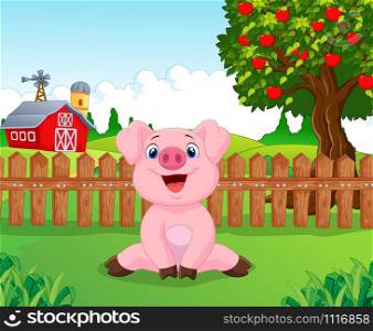 Cartoon adorable baby pig on the farm