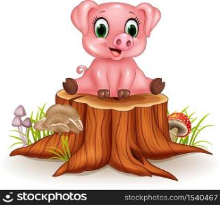 Cartoon adorable baby pig sitting on tree stump