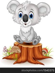 Cartoon adorable koala sitting on tree stump