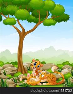 Cartoon adult cheetah with cub cheetah in the jungle