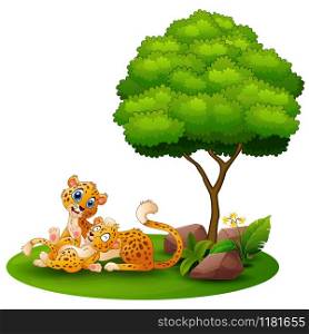 Cartoon adult cheetah with cub cheetah under a tree on a white background
