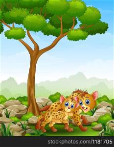 Cartoon adult hyena and cub hyena in the jungle