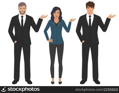Cartoon adult old and young man woman characters, showing with hand, person presenting, vector illustration