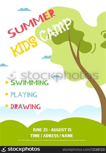 Cartoon Advertisement for Children Summer Camp. Flyer with Editable Date, Address and Name. Program for Summer Recreation as Swimming, Playing and Drawing. Vector Flat Poster Illustration. Cartoon Advertisement for Children Summer Camp