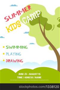 Cartoon Advertisement for Children Summer Camp. Flyer with Editable Date, Address and Name. Program for Summer Recreation as Swimming, Playing and Drawing. Vector Flat Poster Illustration. Cartoon Advertisement for Children Summer Camp