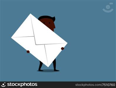 Cartoon african american businessman carrying a large letter envelope. Business correspondence and delivery concept design. Cartoon businessman carrying a large letter