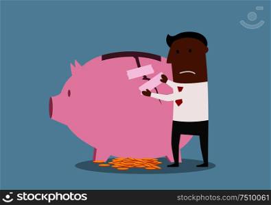 Cartoon african american businessman repairing damaged piggy bank to protect savings. Finance recovery theme design. Businessman repairs damaged piggy bank