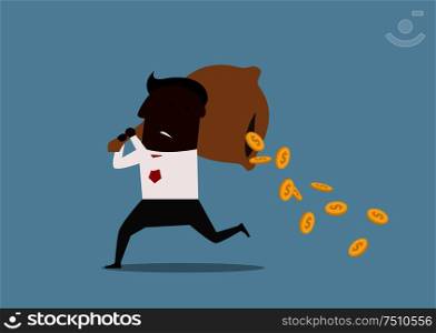 Cartoon african american businessman running with money bag on his shoulders and losing golden coins that poured out from a hole in the bag. Cartoon businessman losing money from bag