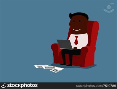 Cartoon african american businessman working with laptop and sitting in comfortable armchair. Home office or wireless technology concept design. Businessman sitting and working with laptop