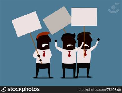 Cartoon african american businessmen protesting with raised demonstration placards. For business concept of picket, strike or protest themes. Group of businessmen protesting with placards