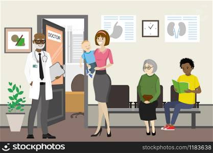 Cartoon african american doctor and waiting people near doctor office,hall interior with open door, flat vector illustration. african american doctor and waiting people near doctor office