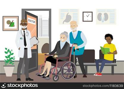 Cartoon african american doctor and waiting people near doctor office,hall interior with open door, flat vector illustration. african american doctor and waiting people near doctor office