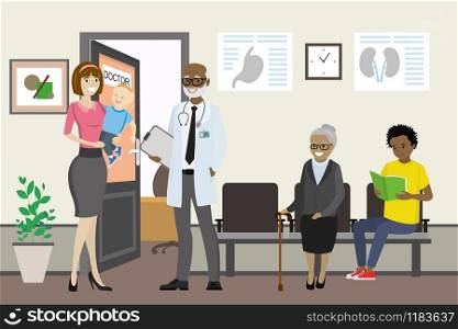 Cartoon african american doctor talking to a caucasian female,people are waiting for a doctor,flat vector illustration. Cartoon african american doctor talking to a caucasian female