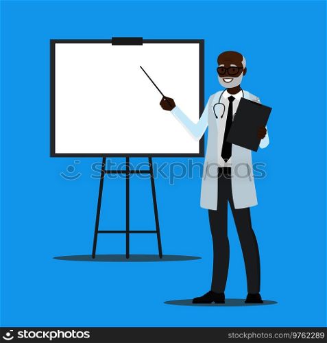 cartoon african american doctor with presentation stand, stock vector illustration. cartoon african american doctor with presentation stand,