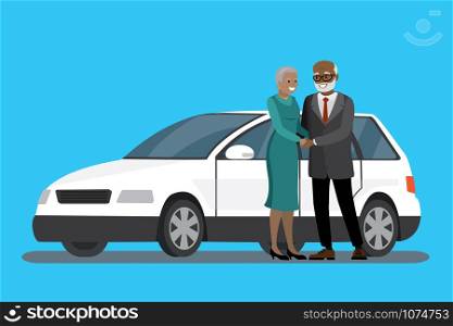 Cartoon african american elderly couple standing near the white car,flat vector illustration.. Cartoon elderly couple standing near the white car