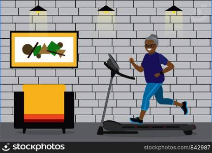 Cartoon african american grandmother running on a treadmill,fitness club or gym,vector illustration. Cartoon african american grandmother running on a treadmill,