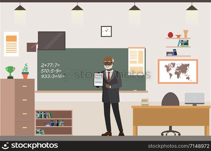 Cartoon african american male teacher in school classroom interior,chalkboard, flat vector illustration. Cartoon african american male teacher in school classroom interi