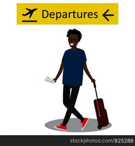 Cartoon african american passenger with suitcase walking and departure sign at the airport. Hipster man with beard pulling suitcase at the airport. Vector illustration.. Cartoon african american passenger with suitcase walking