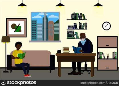 Cartoon african american teenager and grandfather read books, interior design with furniture,flat vector illustration. Cartoon african american teenager and grandfather read books