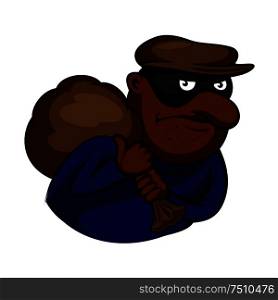 Cartoon african american thief or burglar character in black mask, carries bag over shoulder, for criminal theme design. Cartoon thief or burglar character with bag