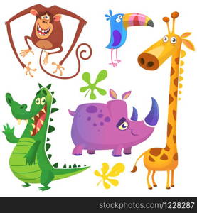 Cartoon African savanna animal set. Big collection of cartoon jungle animals. Vector illustration. Crocodile alligator, giraffe, monkey chimpanzee, toucan and rhino