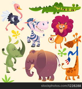 Cartoon African savanna animal set. Wild animals icon collections. Set of cartoon jungle animals flat vector illustration. Crocodile alligator, giraffe, rhino, zebra, ostrich, lion and elephant