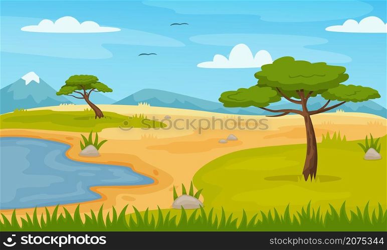 Cartoon african savannah landscape with trees and mountains. Panoramic safari fields scene, zoo or park savanna nature vector illustration. Outside wild vegetation and lake or pond. .Cartoon african savannah landscape with trees and mountains. Panoramic safari fields scene, zoo or park savanna nature vector illustration