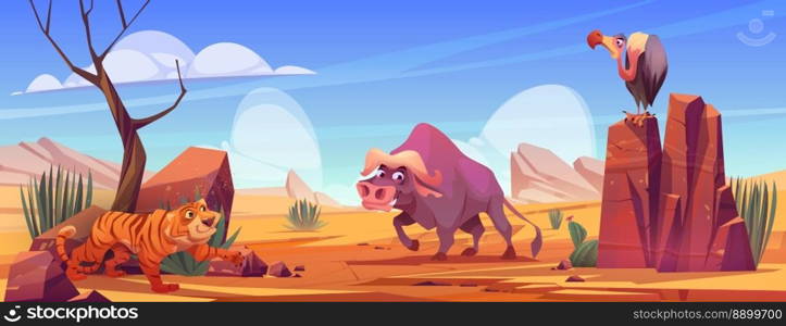 Cartoon African wild animals on savannah background. Vector illustration of tiger hunting, griffon sitting on rocky stone and buffalo in natural environment or safari park. Exotic zoo inhabitants. Cartoon African wild animals savannah background