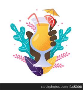 Cartoon Afro-American Human Hand Holds Summer Exotic Cocktail. Glass Filled with Refreshing Beverage, Lime, Straw, Decorative Umbrella on Natural Exotic Foliage. Vector Party Invitation Illustration. Hand Holds Summer Exotic Cocktail Party Invitation