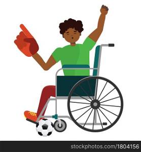 Cartoon afro american soccer or football fan in wheelchair illustration.