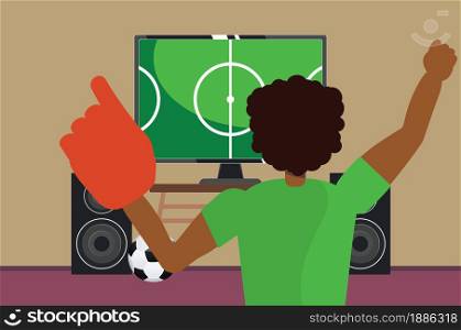 Cartoon afro american soccer or football fan watching tv illustration.