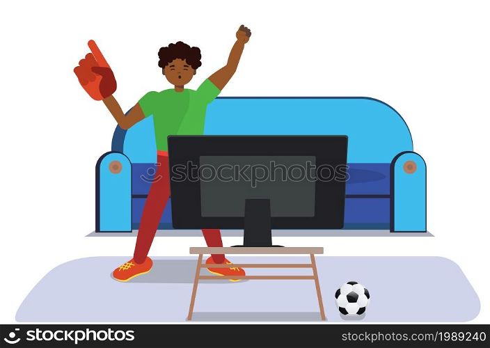 Cartoon afro american soccer or football fan watching tv illustration.
